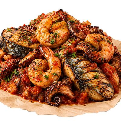 مقرونة قرنيط / Pâtes aux crevettes — Sauce tomate · Pâtes Fell ou Spaghetti · Crevettes — SALSA Msaken